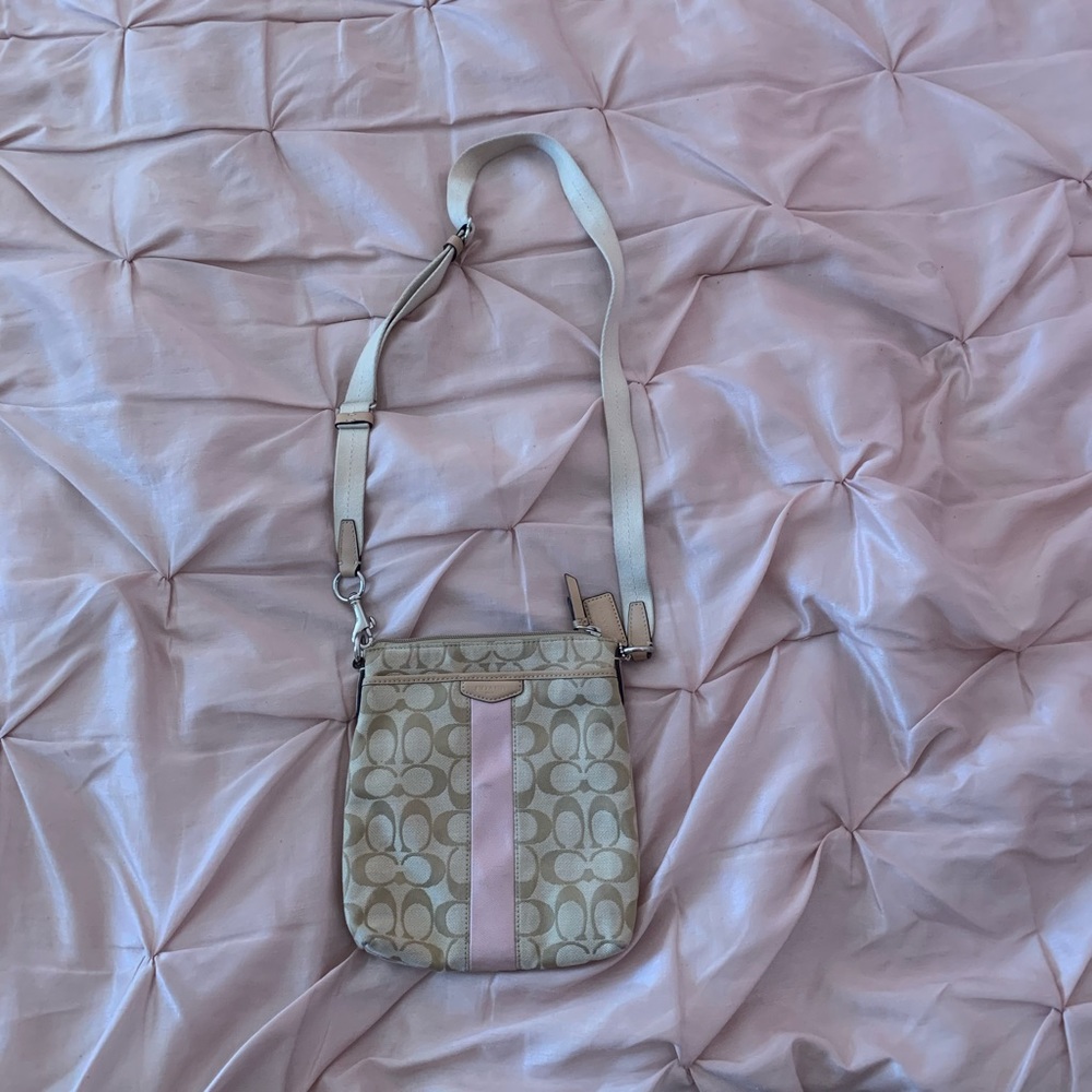 Coach Tan Crossbody With Light Pink Stripe Gem